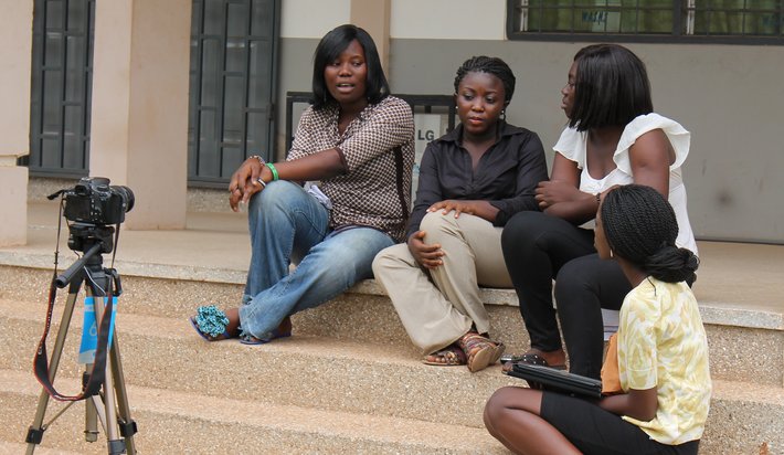 Sally Nuamah interviewing secondary school students in Ghana for the documentary HerStory: Girls & Education in Ghana.