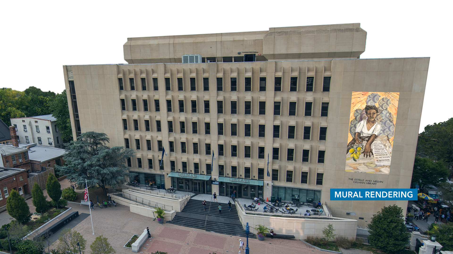 Mockup of Leah Brock McCartney mural on Gelman Library facade