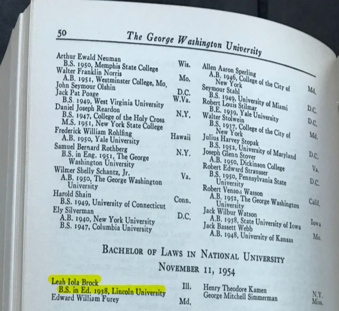 Leah Iola Brock graduation listing in GW Law Bulletin 1955